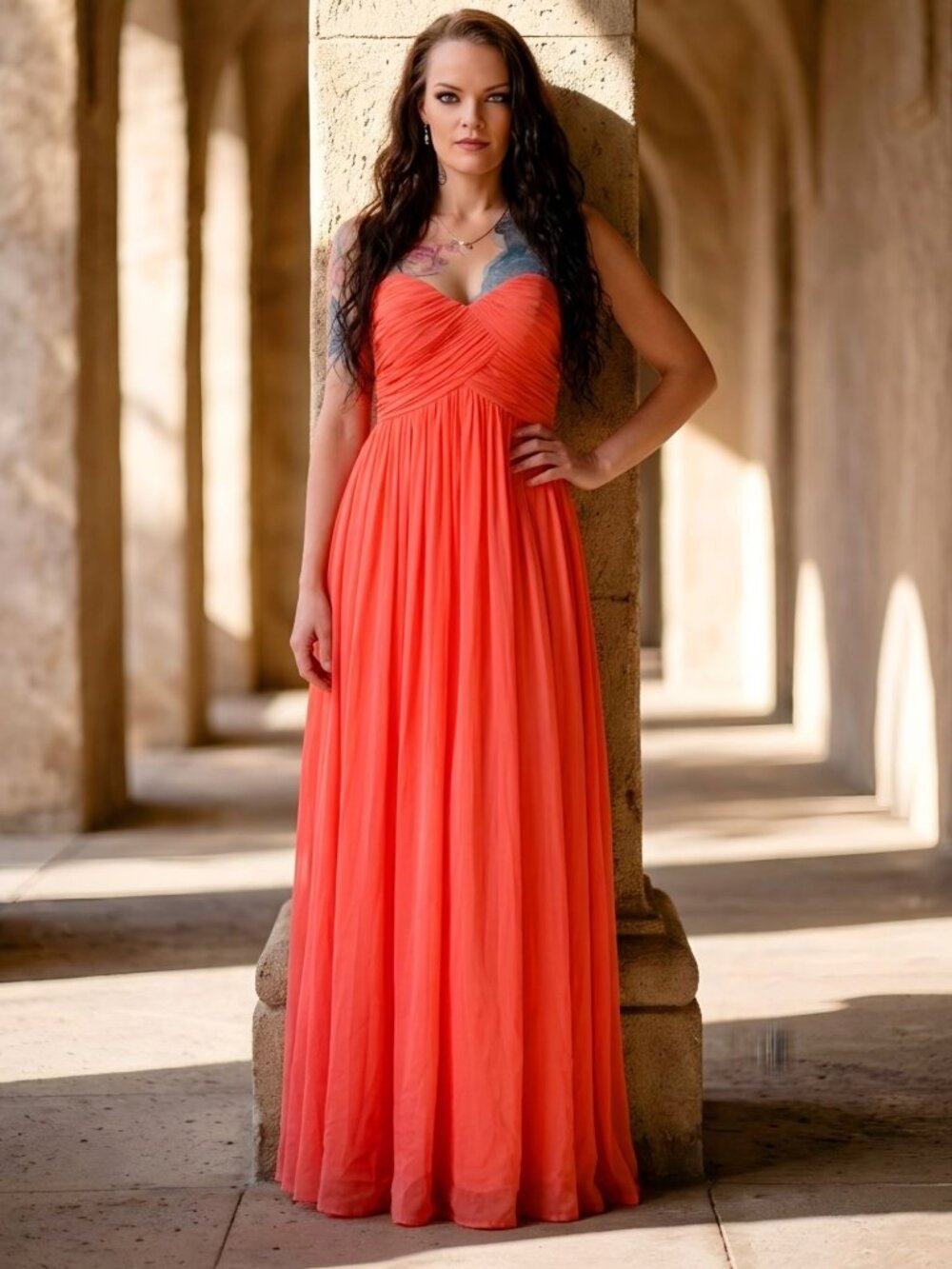 Donna Morgan ✦ Strapless Coral Silk Gown ✦ Sweetheart Pleated Bodice Full-Length